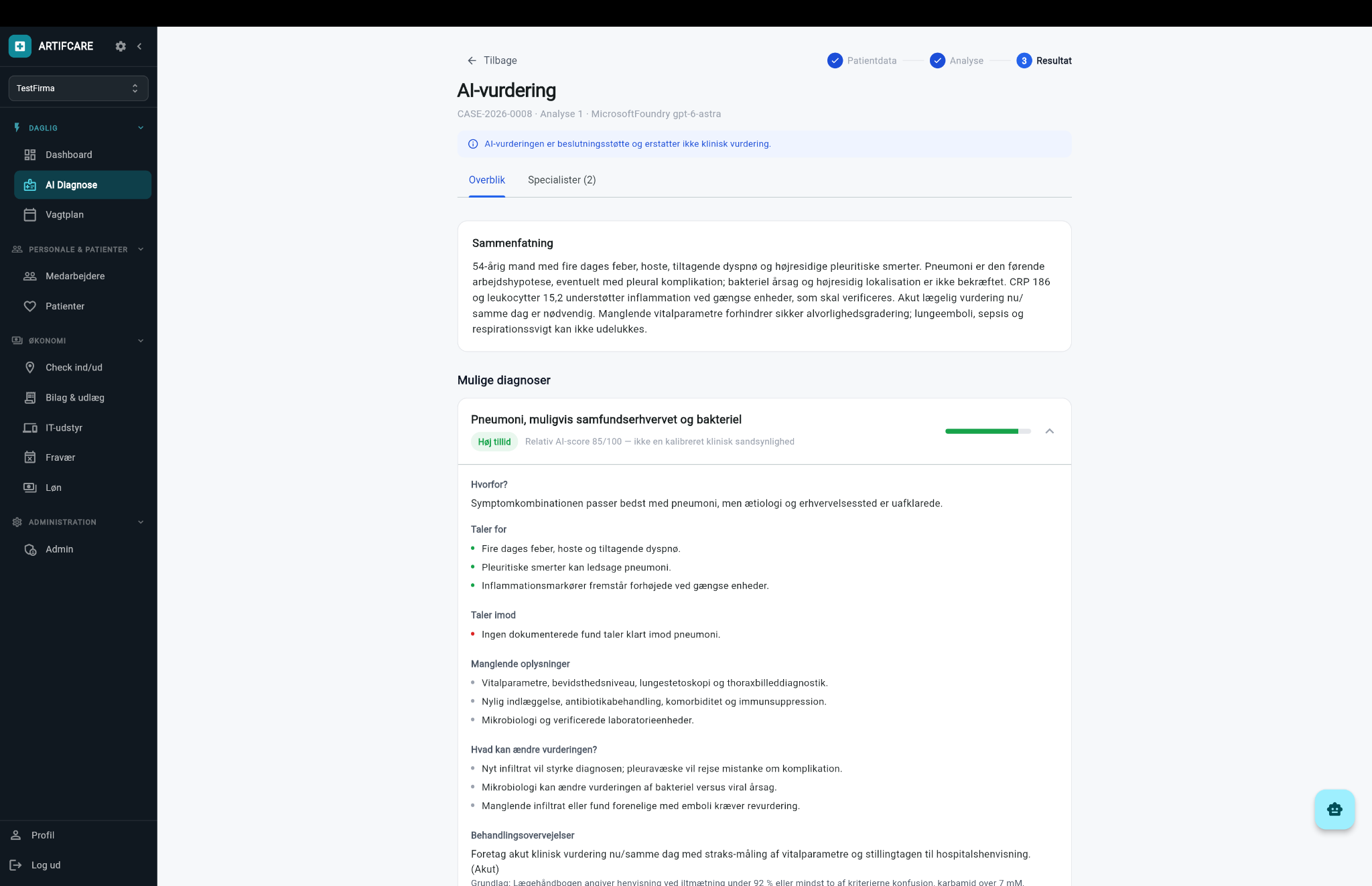 En udfoldet diagnose i Praxis med Hvorfor, Taler for, Taler imod, Manglende oplysninger og Hvad kan ændre vurderingen.