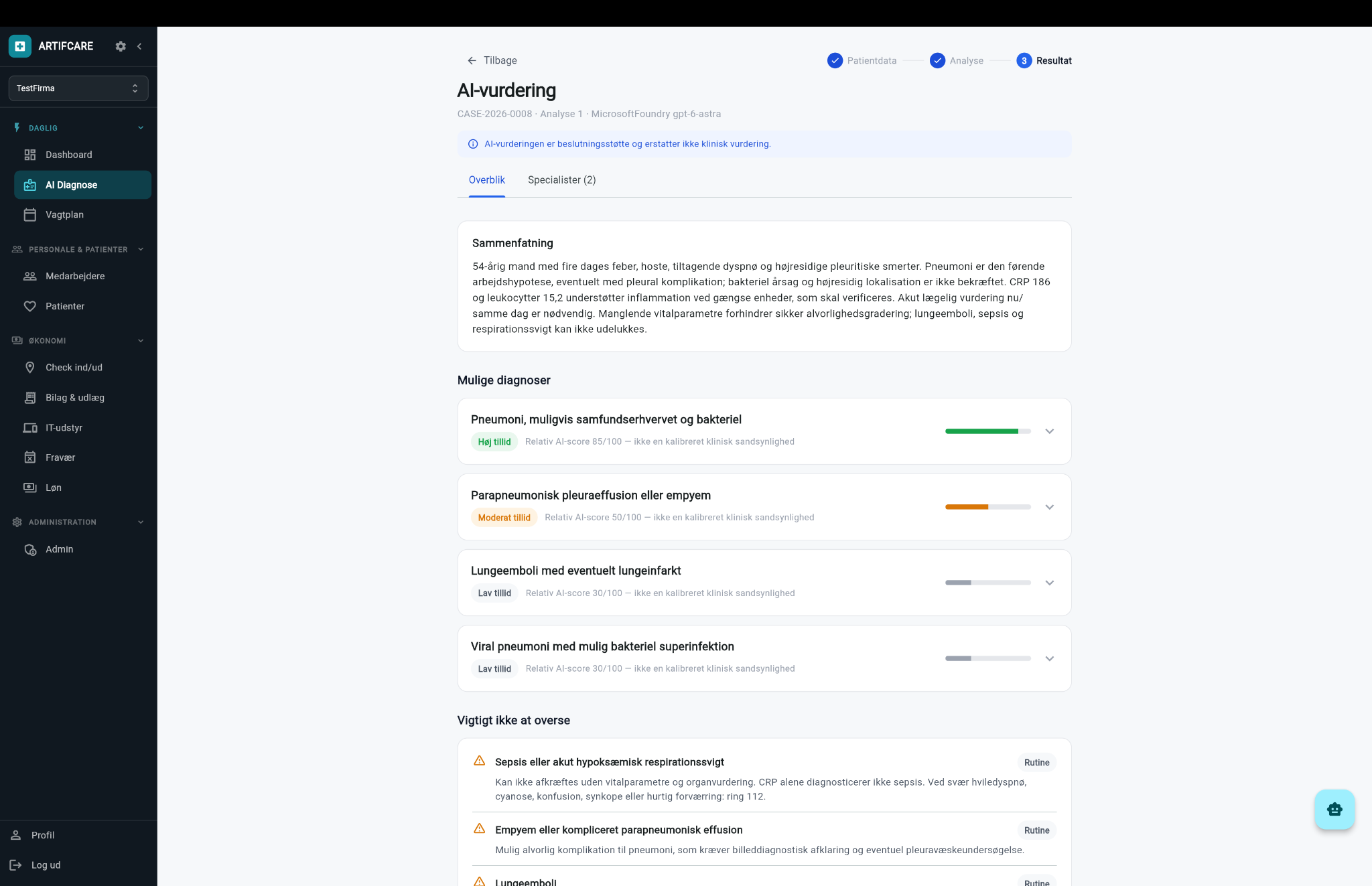 Praxis viser en sammenfatning af en case og fire mulige diagnoser med relativ AI-score.